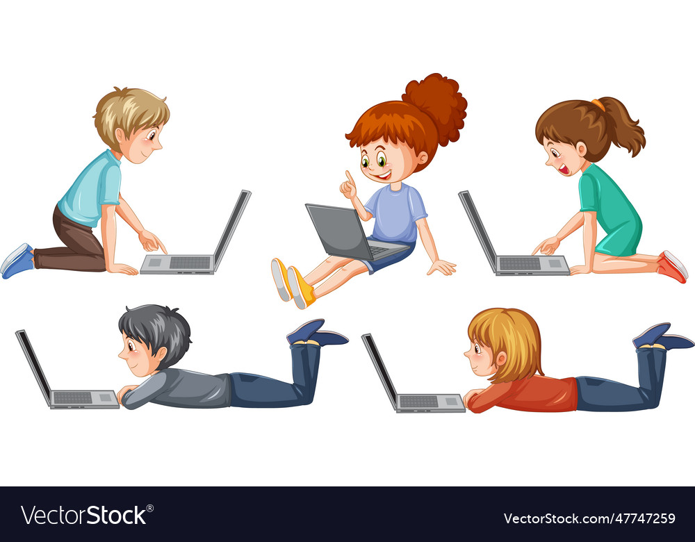 Cartoon kids using laptops for online learning Vector Image