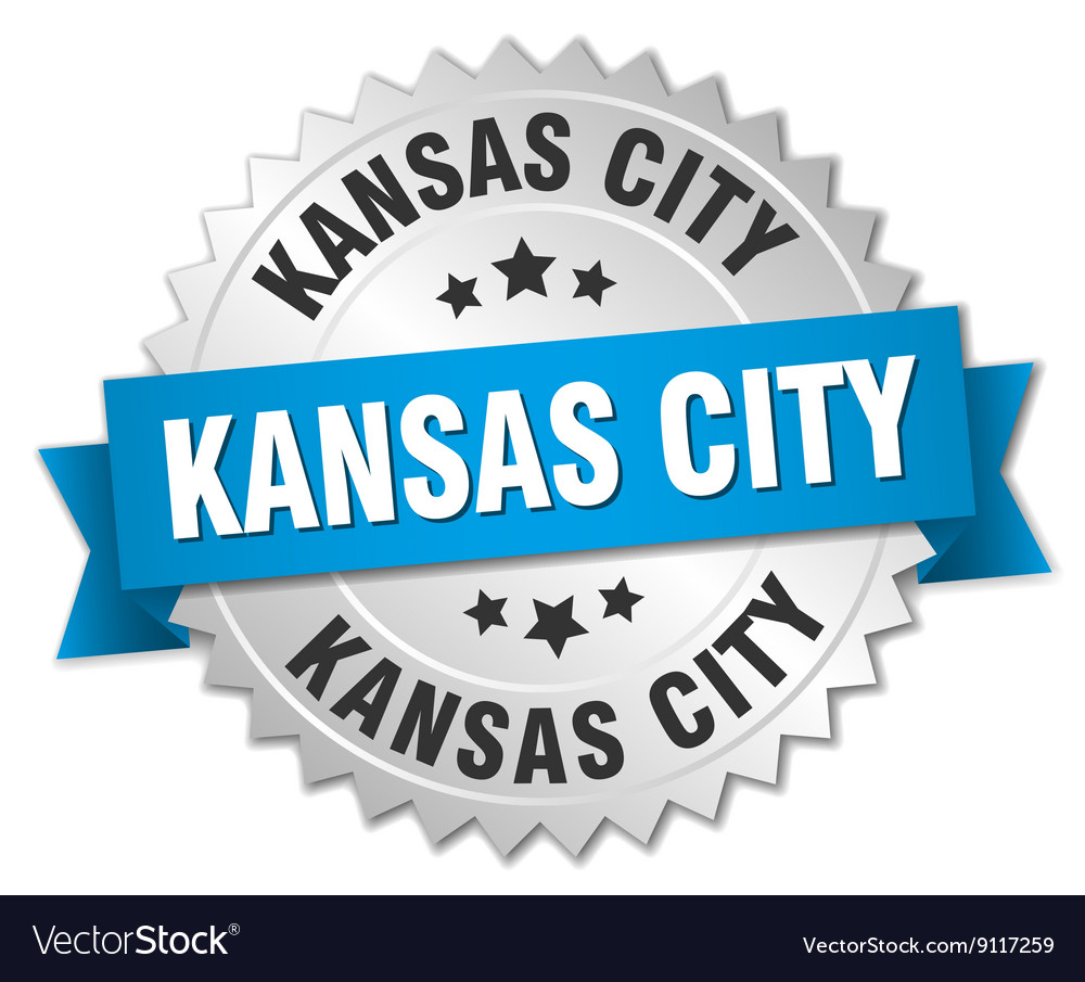 Kansas City Round Silver Badge With Blue Ribbon Vector Image