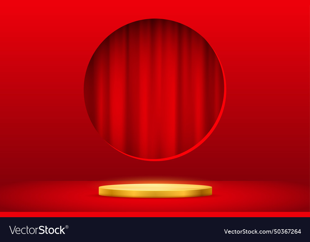 3d luxury empty gold podium and red curtain