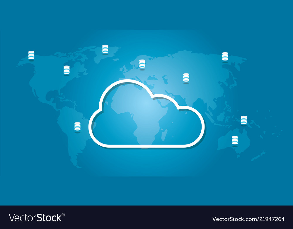 Cloud storage icons on world maps with database vector image Cloud storage icons on world maps with database