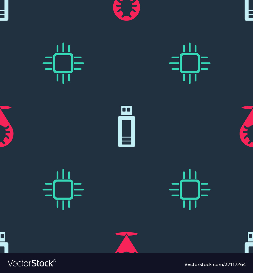Set system bug usb flash drive and processor vector image Set system bug usb flash drive and processor