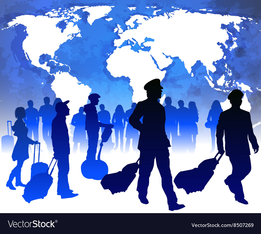 Pilots and travellers at an airport Royalty Free Vector