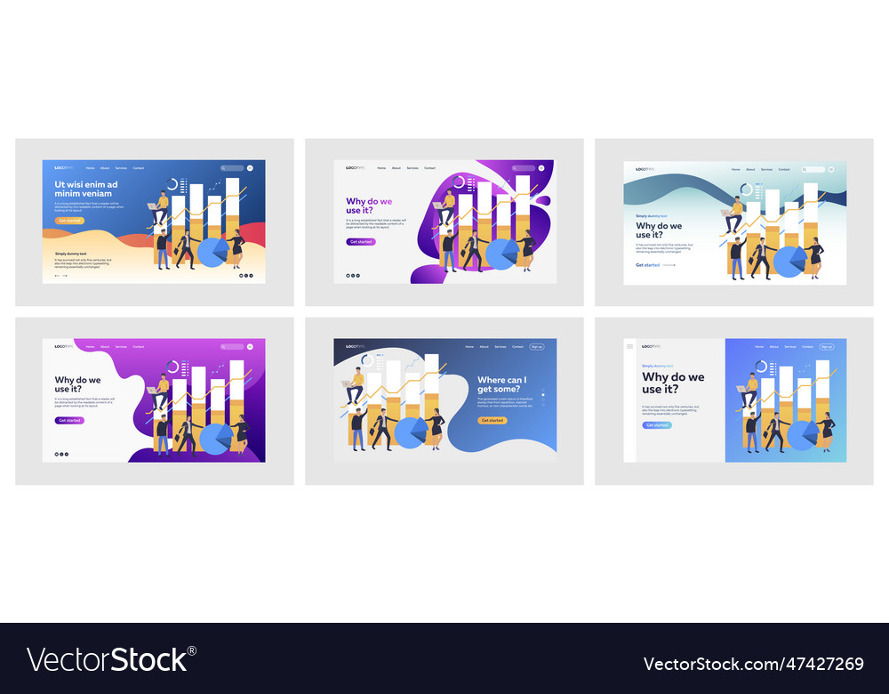 Set of tiny busy people working with bar charts