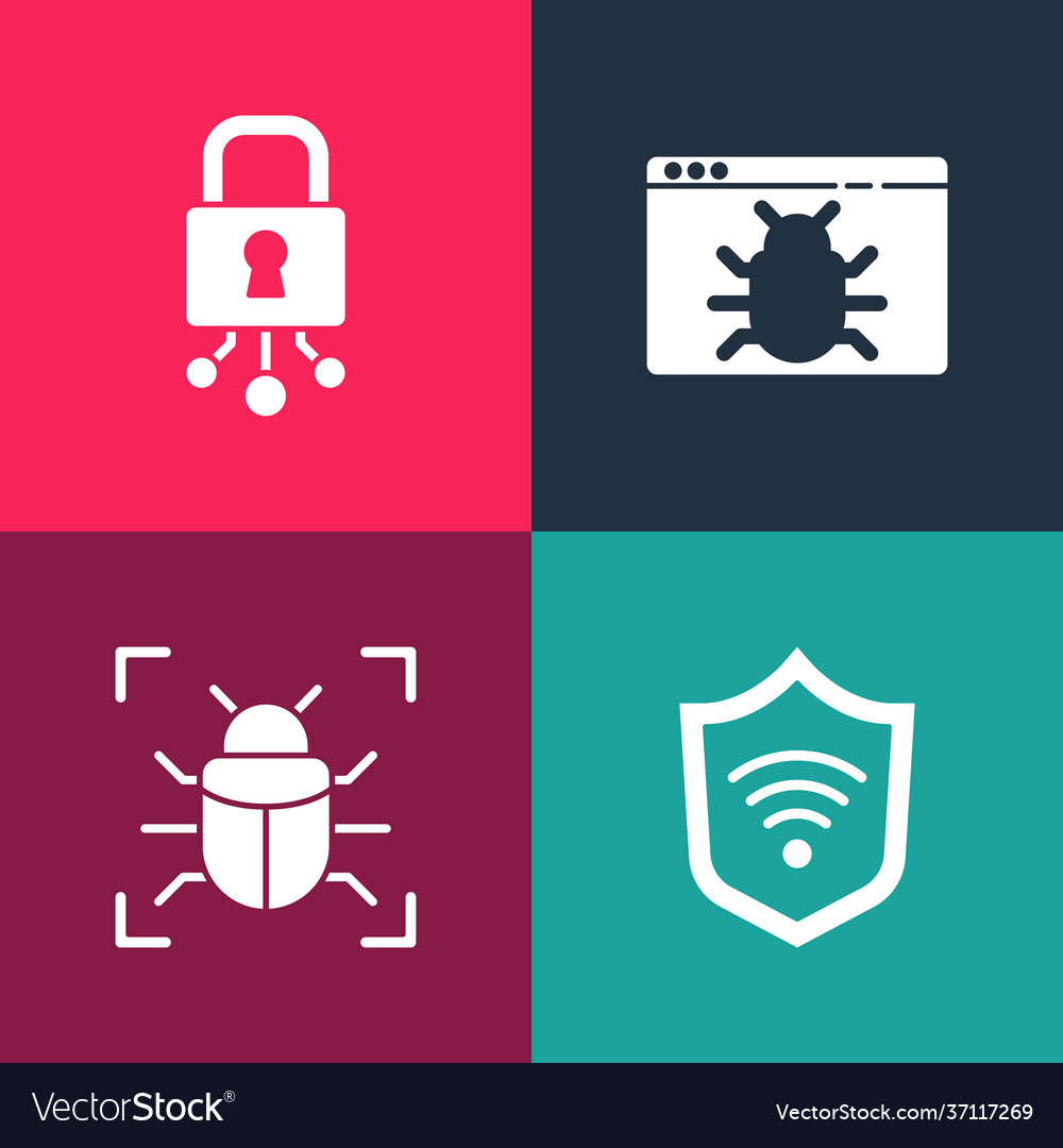Set pop art shield with wifi wireless system bug vector image Set pop art shield with wifi wireless system bug