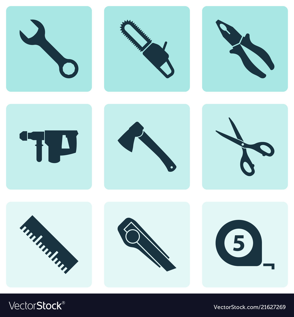 Tools icons set with chainsaw scissors pliers