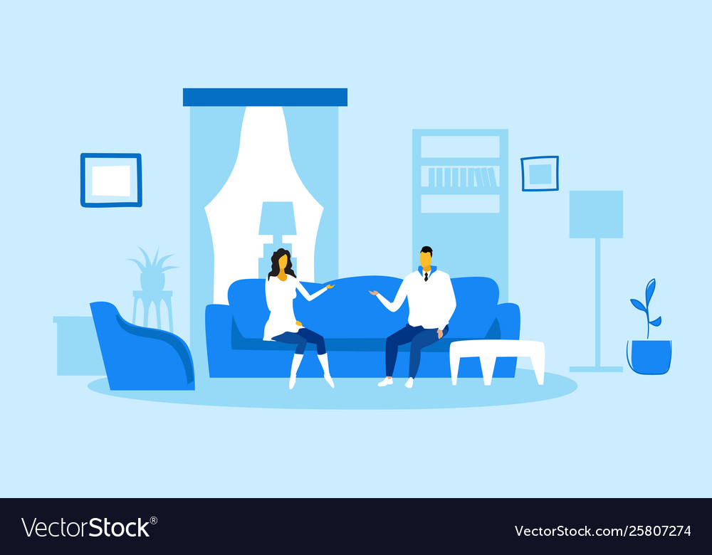 Man woman sitting on couch and discussing family