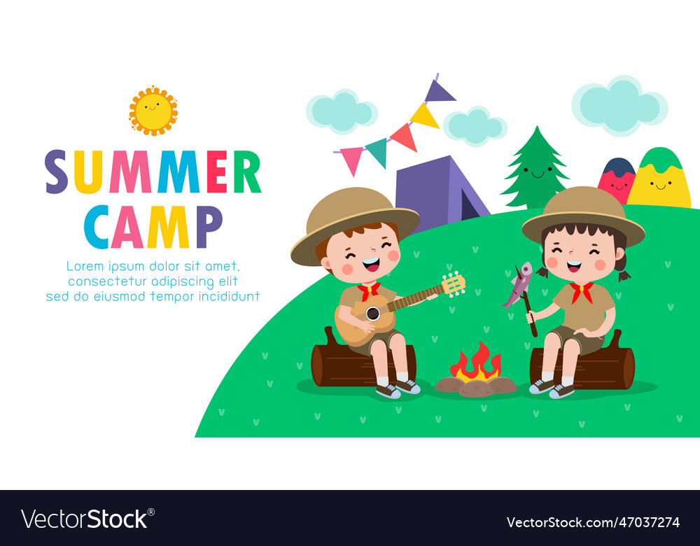 Summer camp kids wear scout honor uniform banner Vector Image