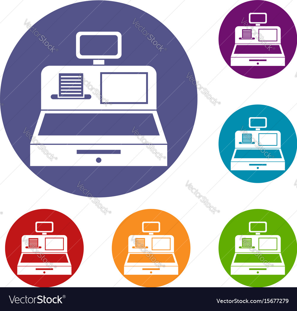 Cash Register With Cash Drawer Icons Set Vector Image