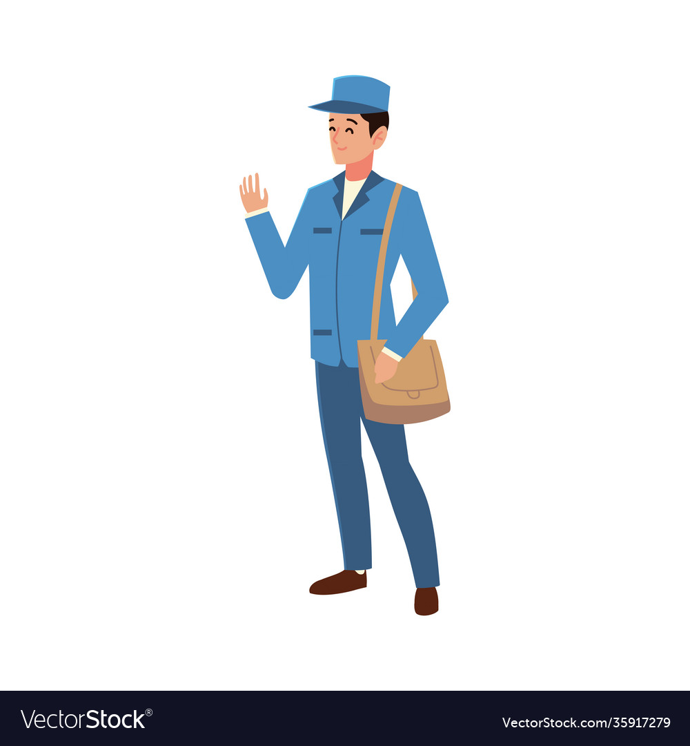 Postman character in blue uniform and bag work