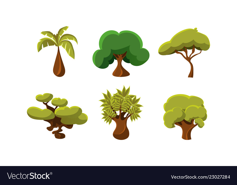 Flat set of 6 green trees objects vector image Flat set of 6 green trees objects