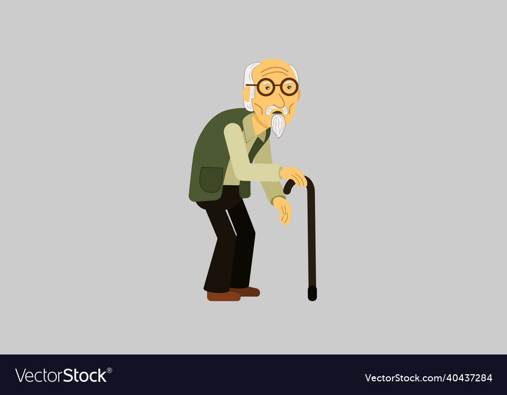 Old grandpa leans on a stick