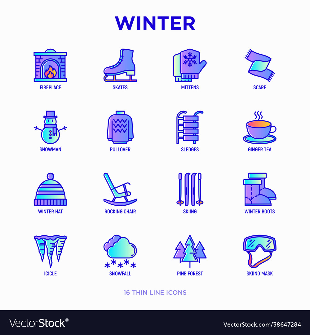 Winter thin line icons set fireplace skates