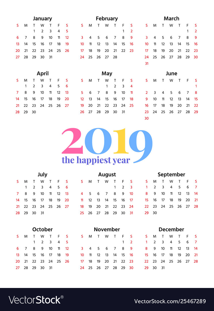 2019 calendar year template planner Royalty Free Vector