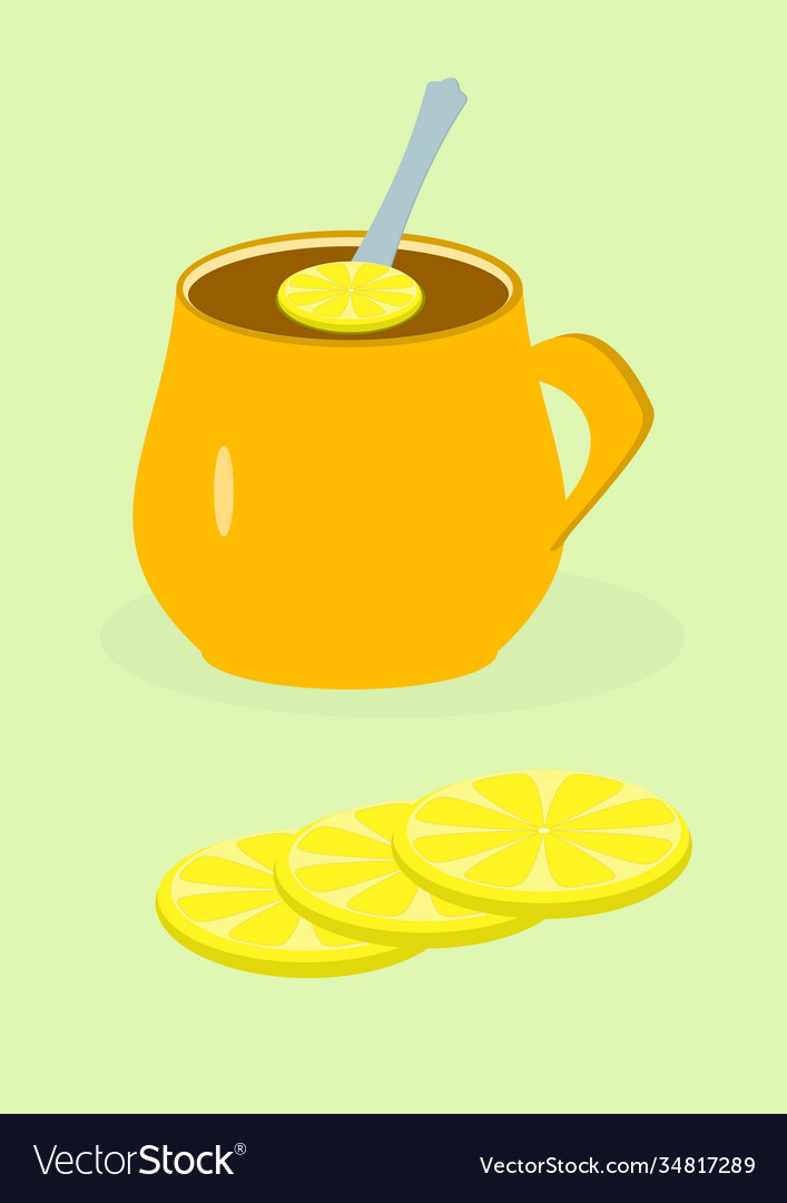 A cup with hot tea and lemon wedge