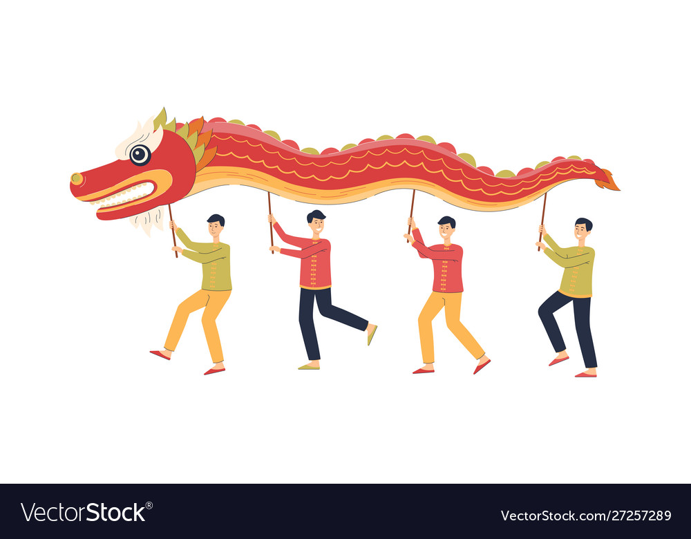 Chinese men dancing while holding red dragon