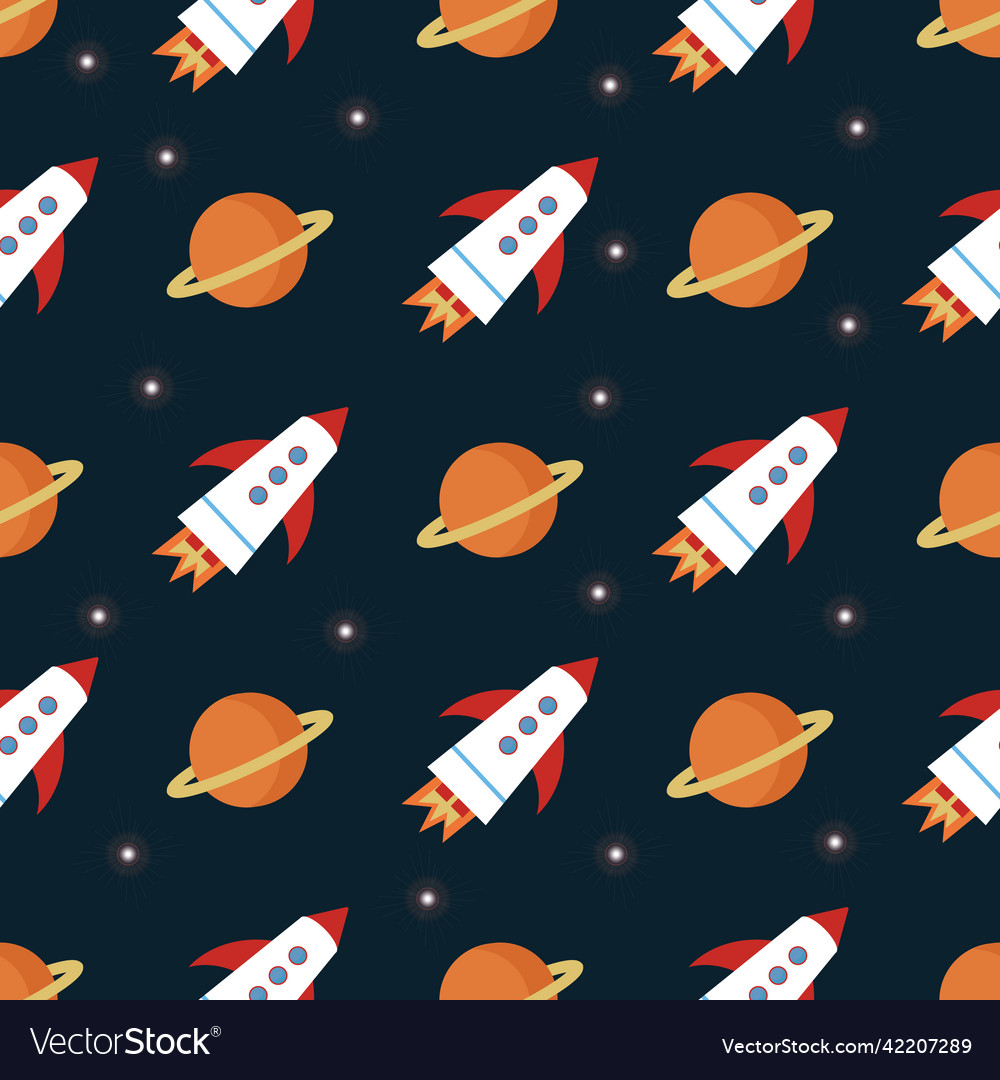 Pattern of rocket and jupiter on dark background
