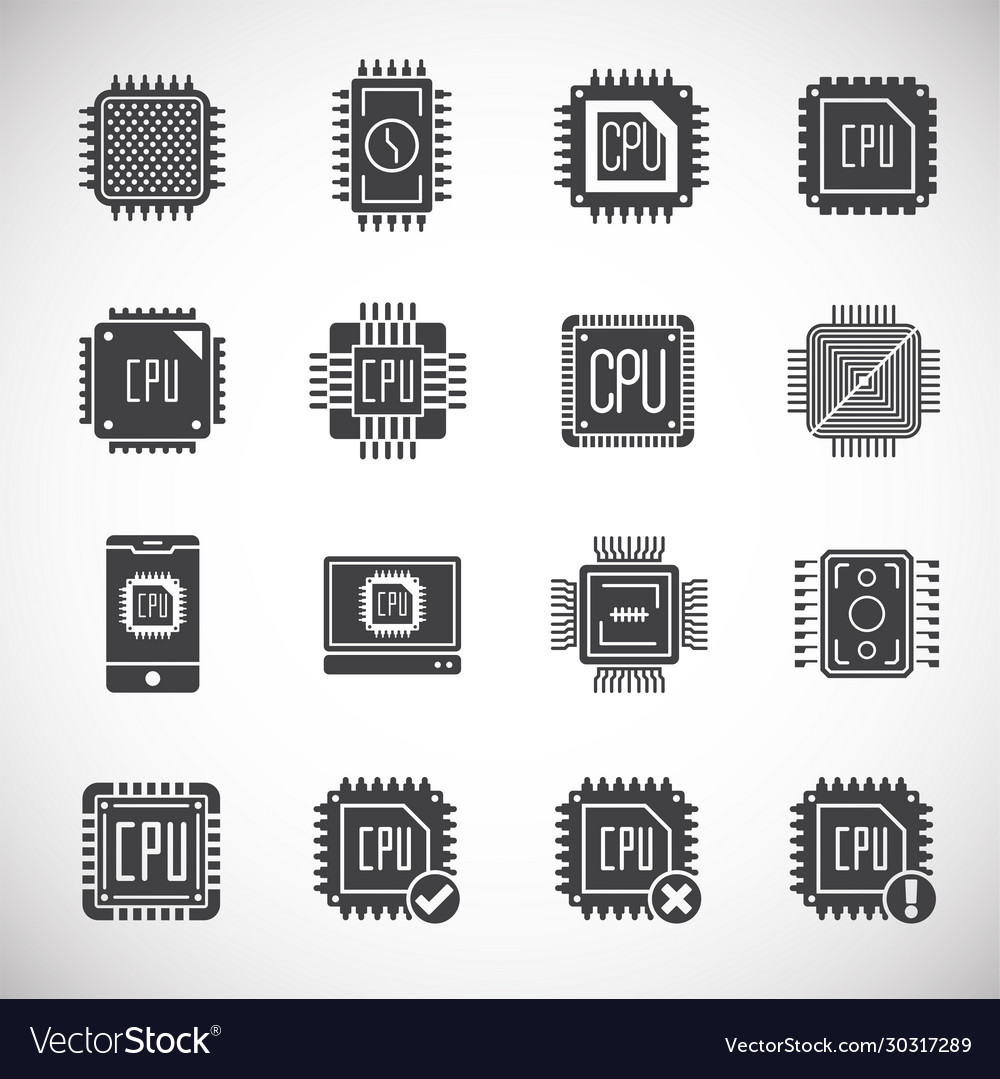 Processor chip related icons set on background vector image Processor chip related icons set on background