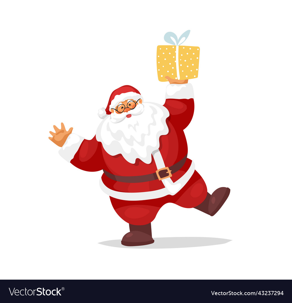 Funny dancing santa claus holding a gift flat Vector Image Funny dancing santa claus holding a gift flat