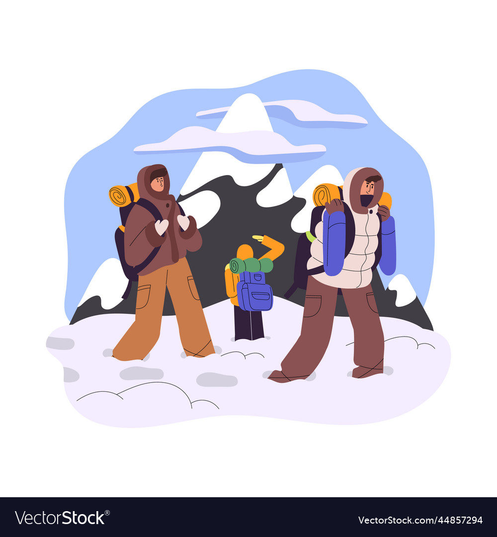 Hikers with backpacks during winter hiking Vector Image