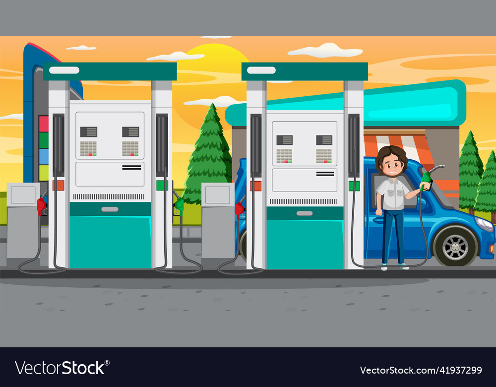 Gas station cartoon scene