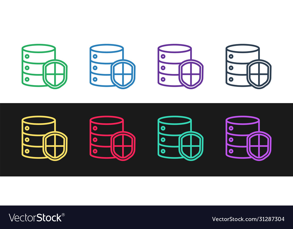 Set line server with shield icon isolated on black vector image Set line server with shield icon isolated on black