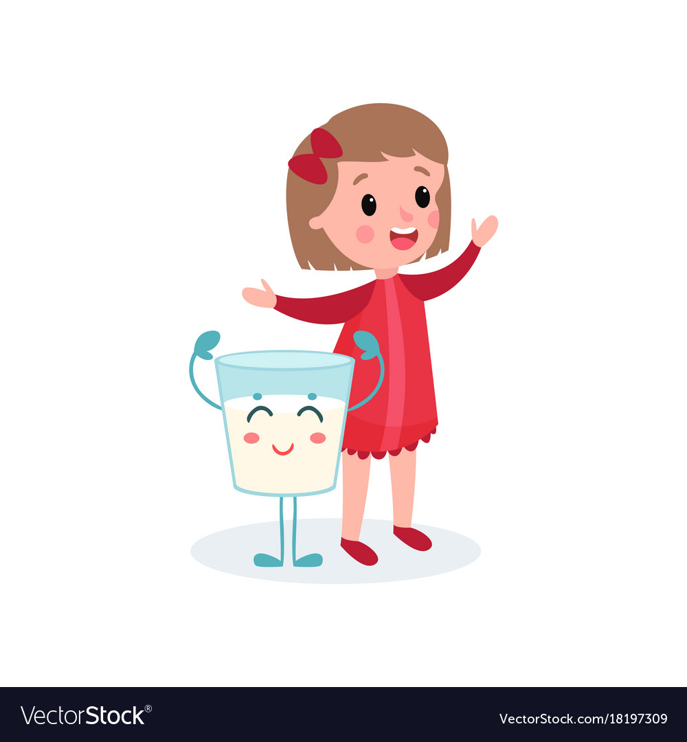 Cute girl playing with humanized glass of milk