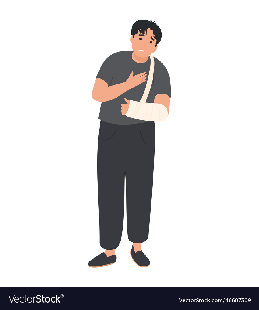 Man with plastered arm broken hand in cast Vector Image