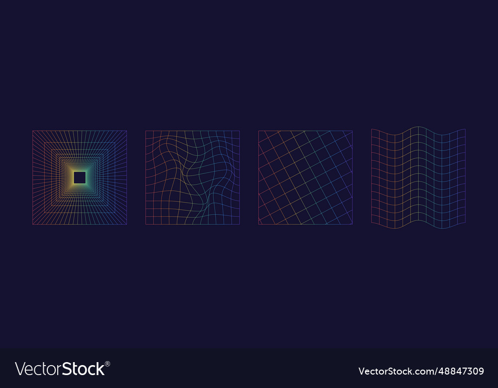 Set of distorted wireframe grid in rainbow color