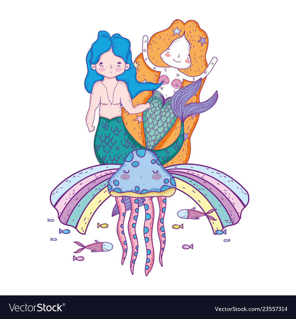 Couple mermaids with rainbow undersea Vector Image Couple mermaids with rainbow undersea