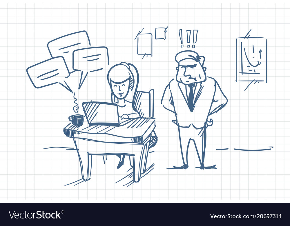 Doodle angry business man boss standing at woman