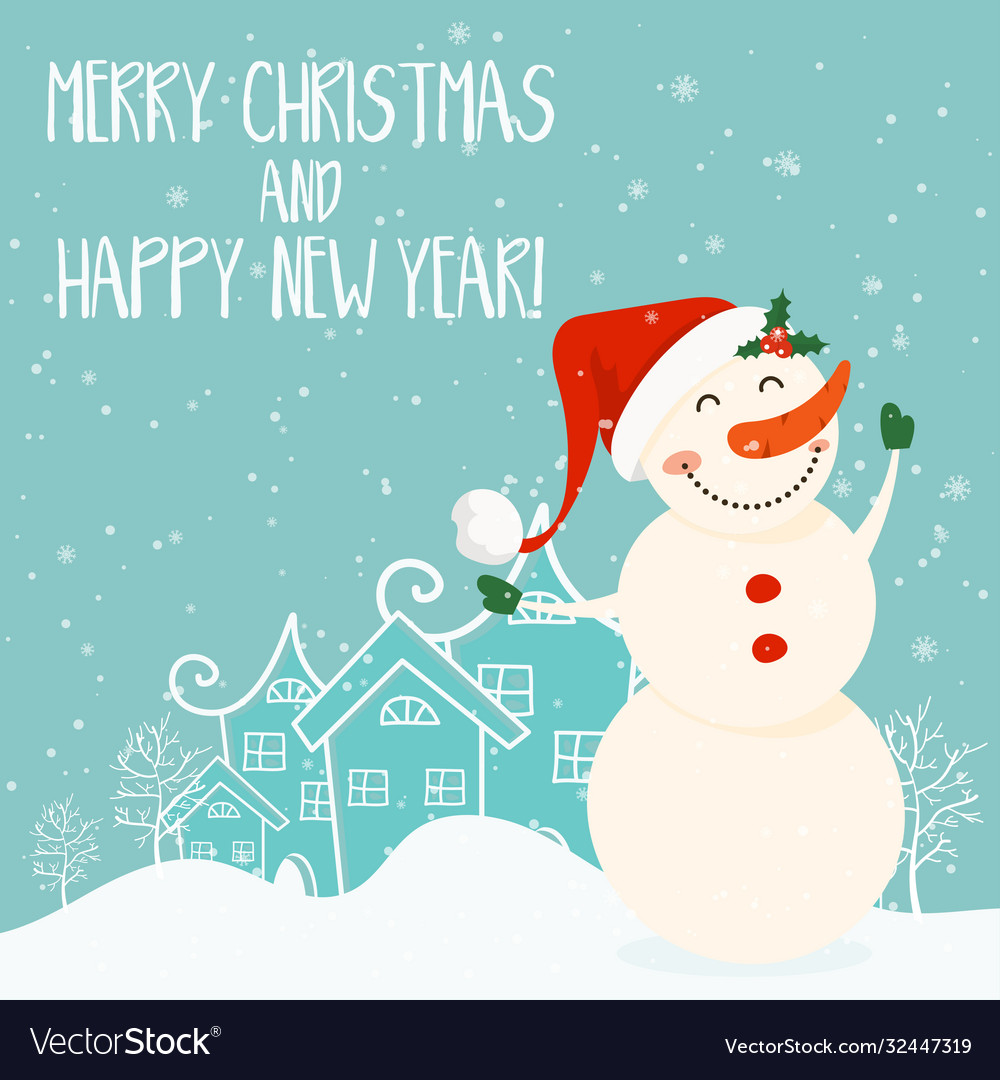 Cartoon for holiday theme with snowman on winter
