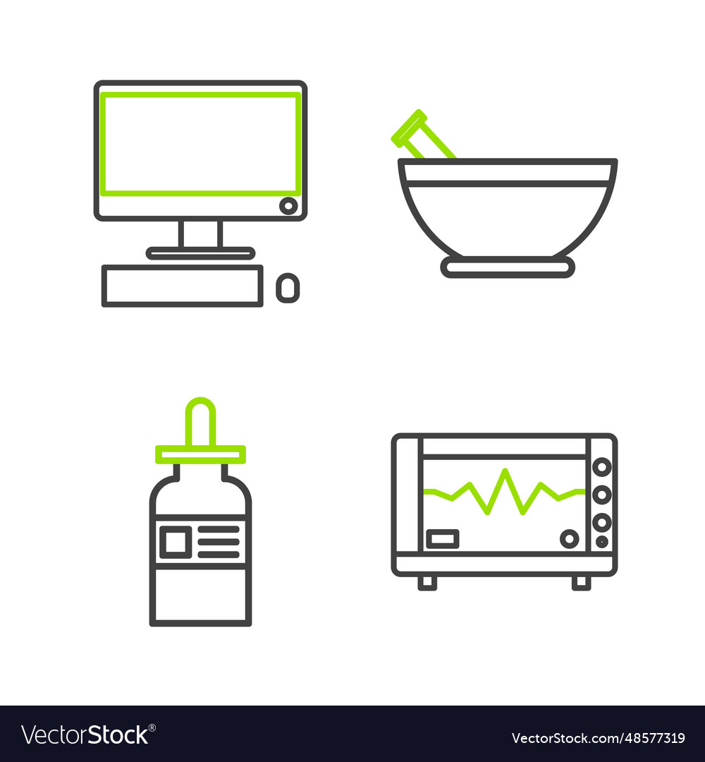 Set line computer monitor with cardiogram glass vector image Set line computer monitor with cardiogram glass