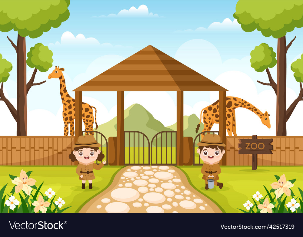 Zoo cartoon with safari animals giraffe cage