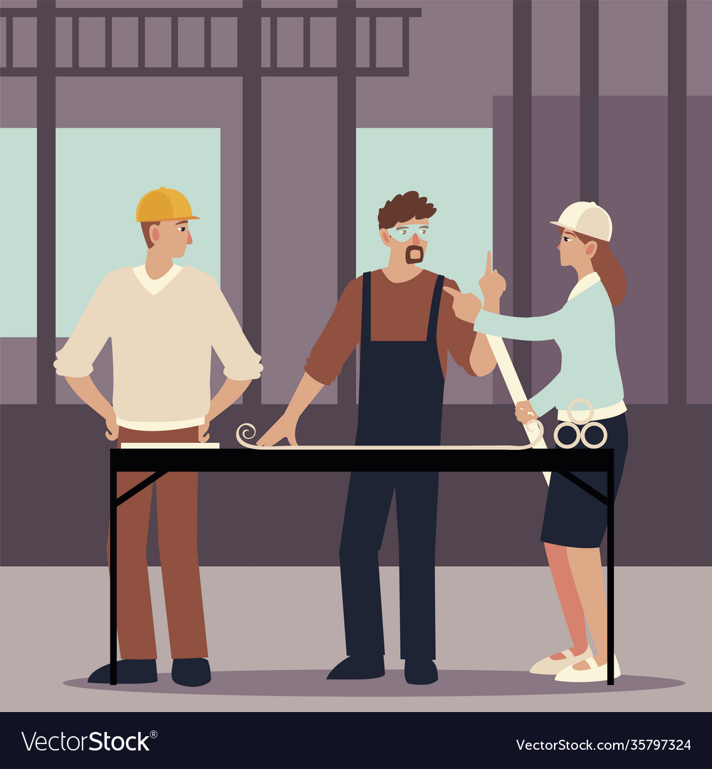 Builder and architects with blueprint on table