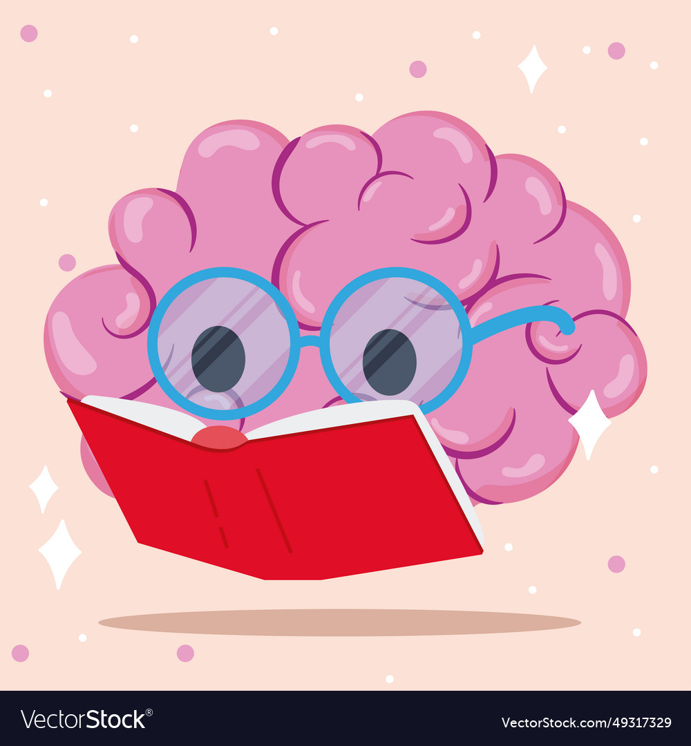 Cute brain cartoon character reading a book Vector Image