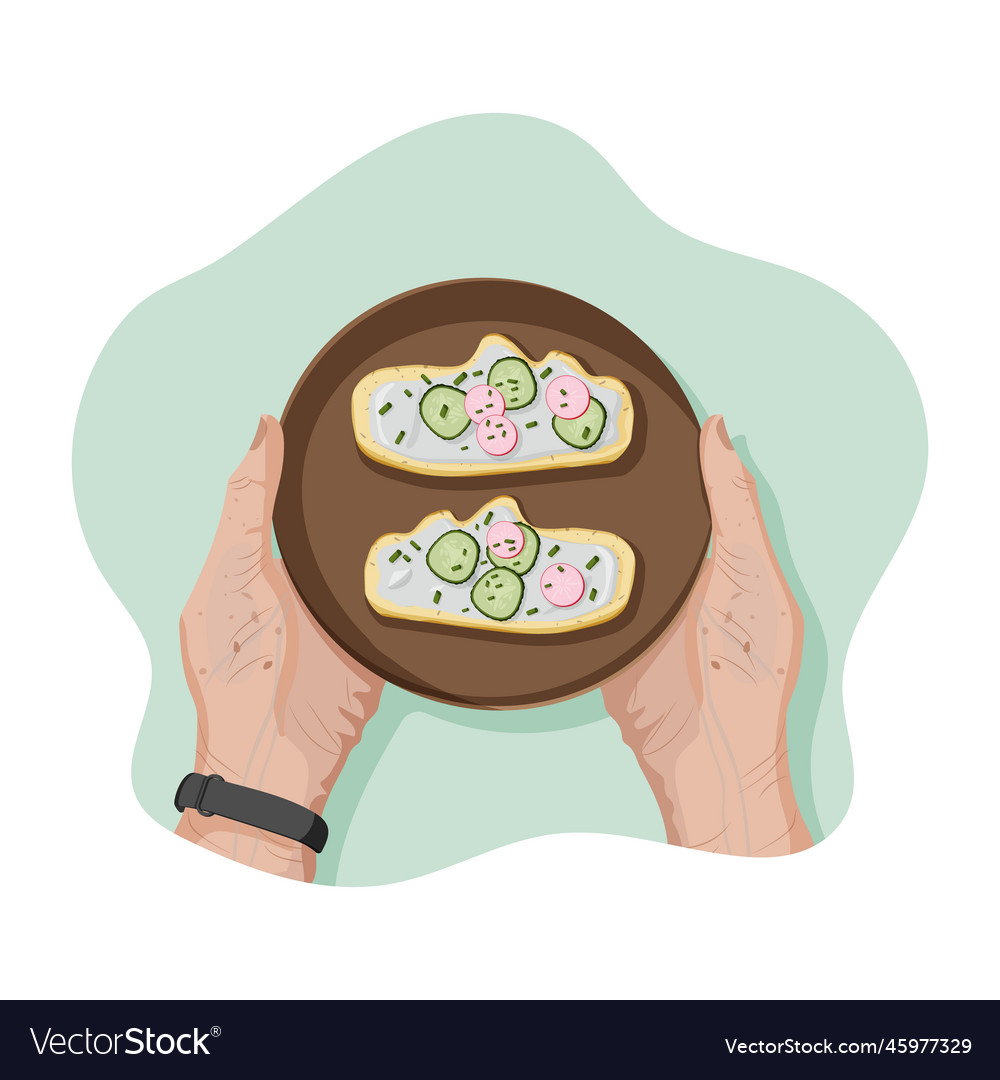 Hands of senior keep plate with healthy sandwish