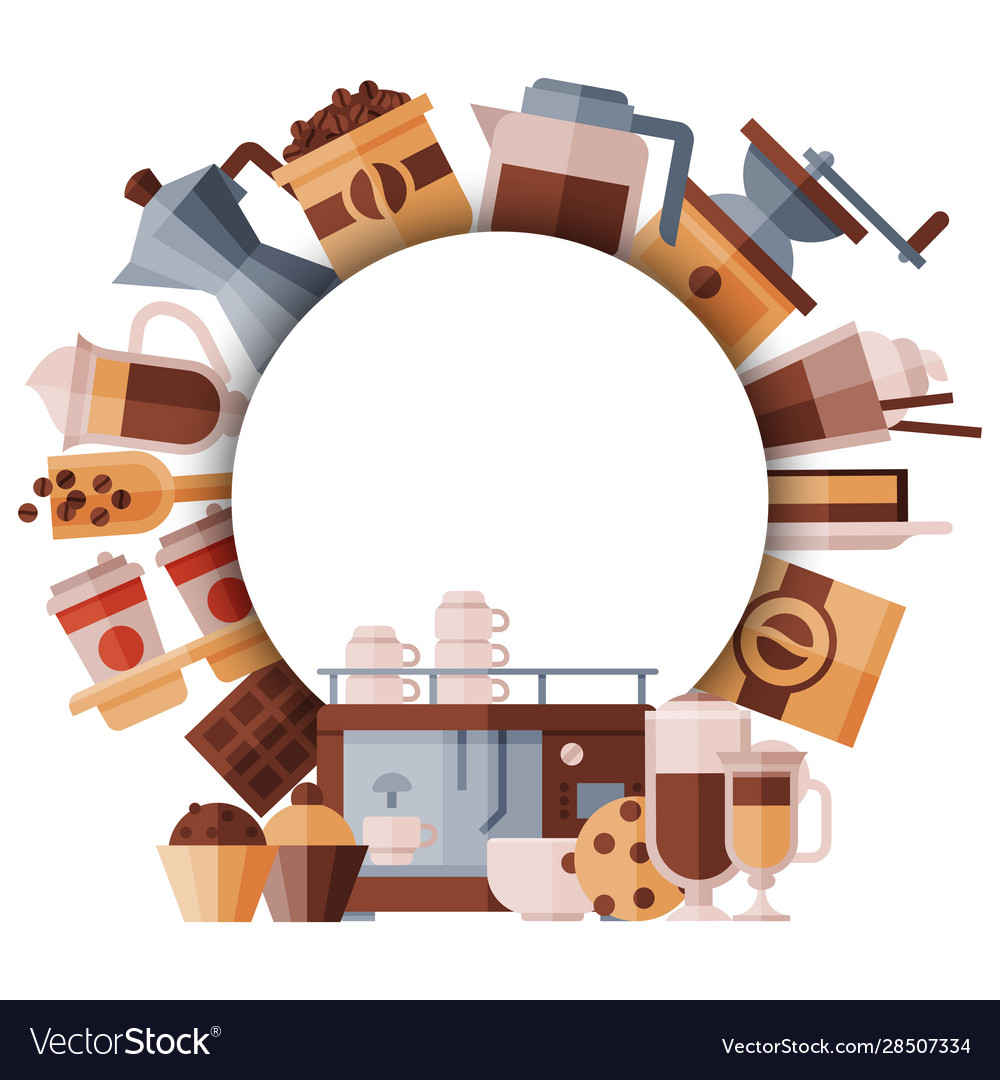 Big Set Coffee Equipment Round Banner With Vector Image