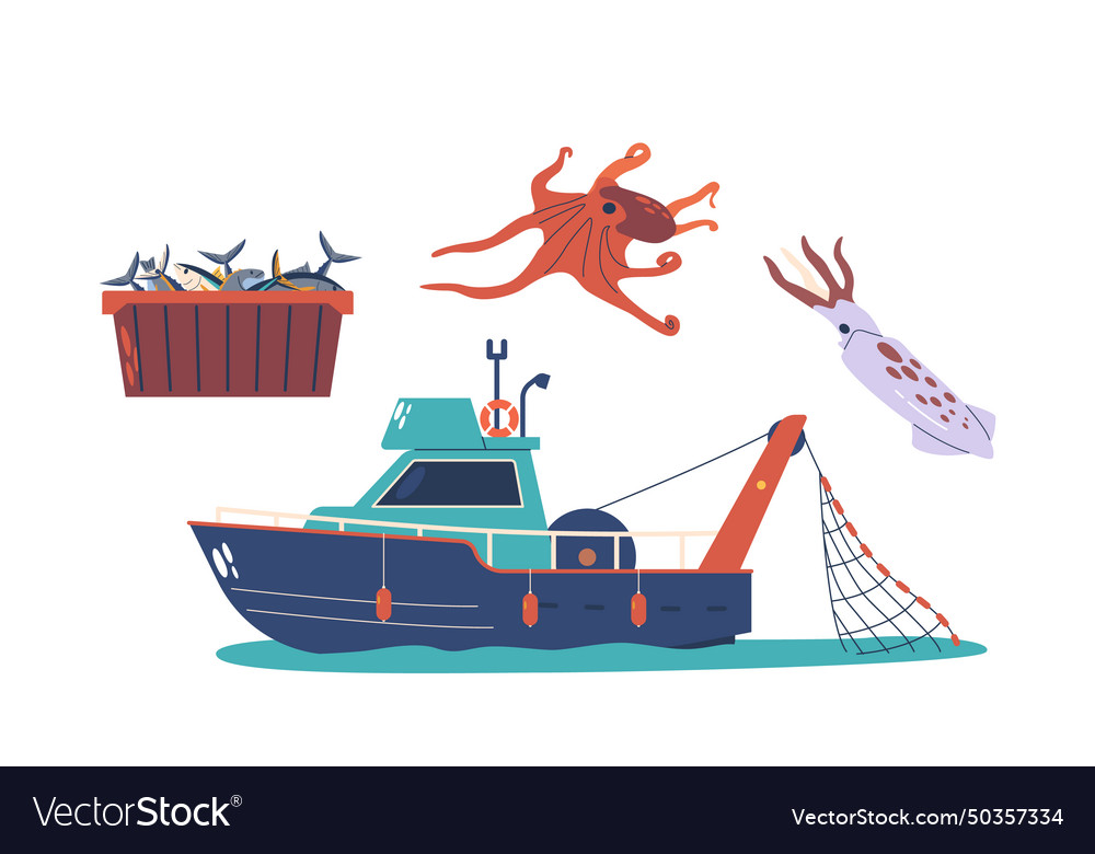Fish production items set fishing boat