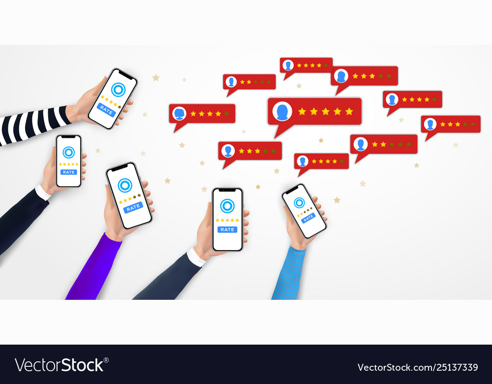 Hands holding smartphone with mobile rating app