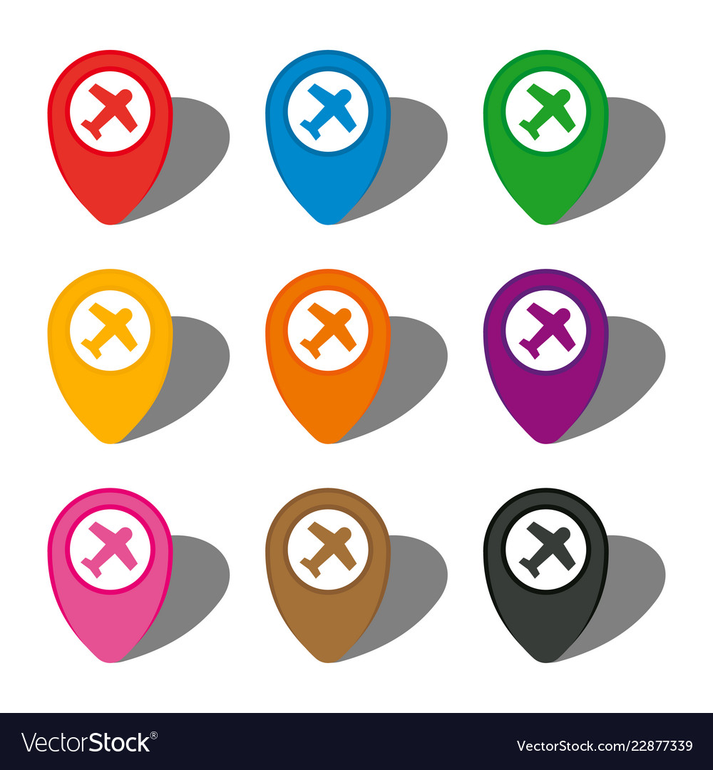Set of nine colorful map pointers with aircraft vector image Set of nine colorful map pointers with aircraft