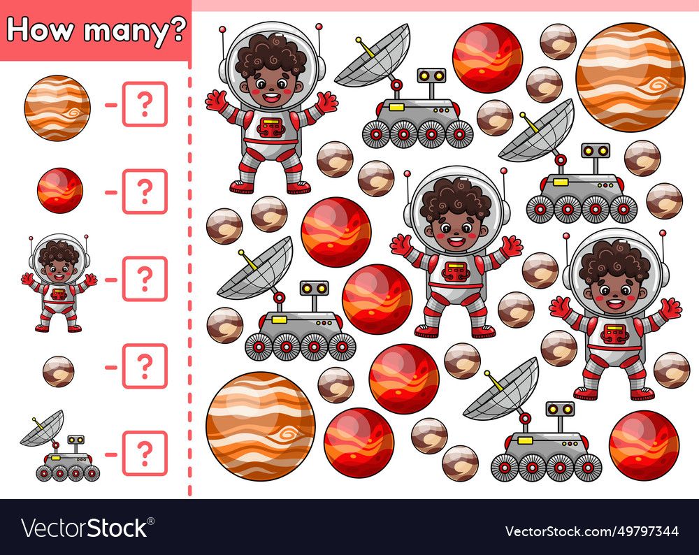 Kids math counting game how many space objects vector image Kids math counting game how many space objects