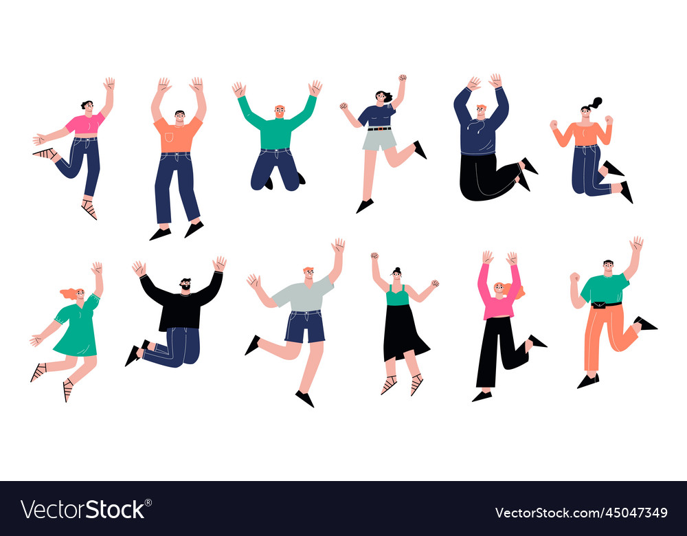 Happy jumping flat people human flying various