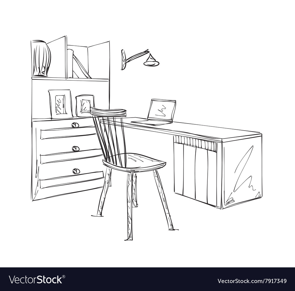 Premium Vector  Study room doodle line drawing desk drawer clock globe  books plants drawn home office with table