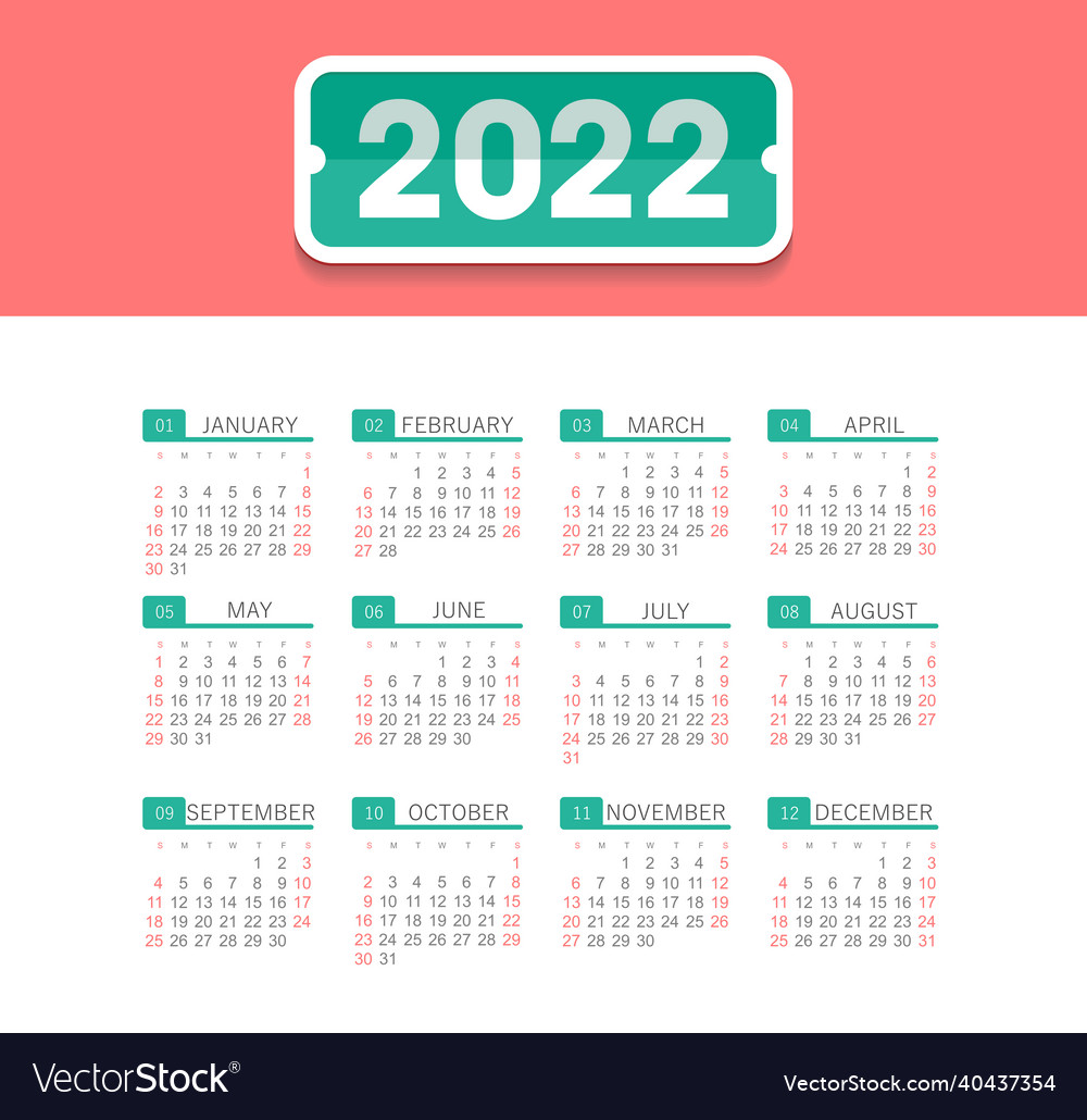 Calendar 2022 Year Week Starts From Sunday Vector Image 7921