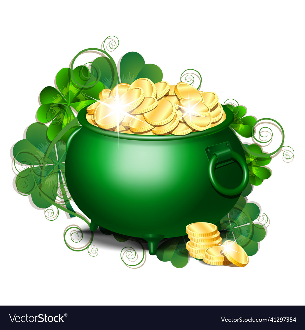 Green iron cauldron full of gold coins isolated Vector Image