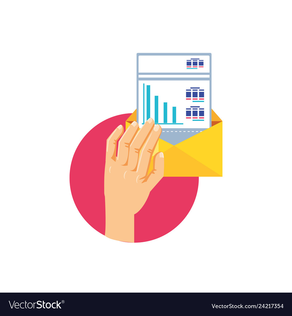 Hand with envelope and document of statistic vector image Hand with envelope and document of statistic