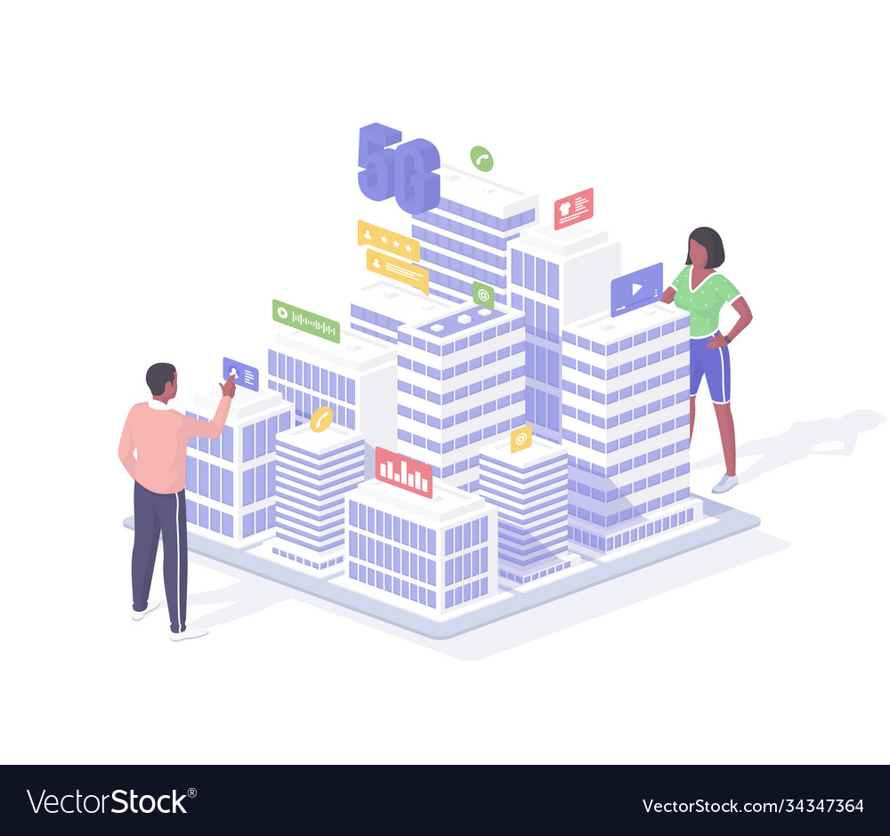 Experts setting up 5g network in city block vector image Experts setting up 5g network in city block