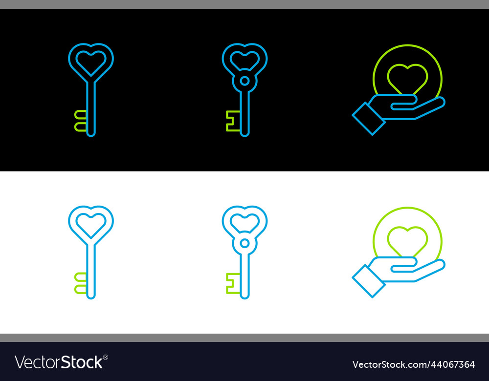 Set line heart on hand key in shape and icon