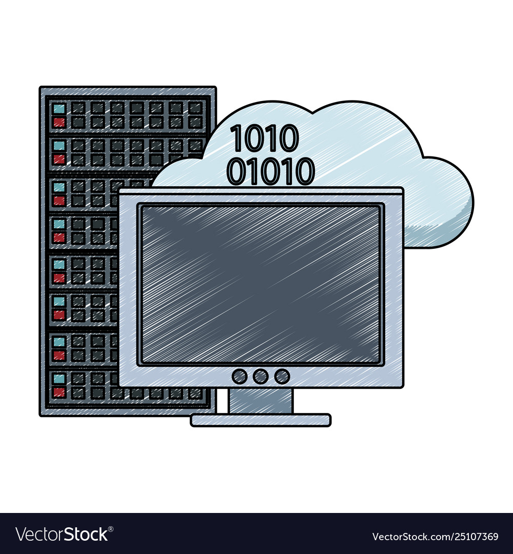 Computer with servers and cloud scribble