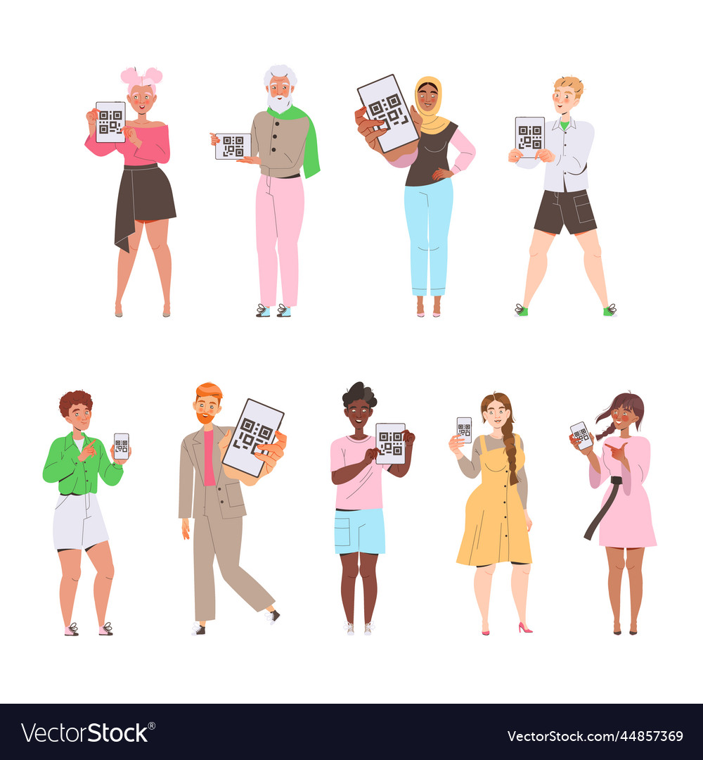 People characters showing qr code on their gadget vector image People characters showing qr code on their gadget